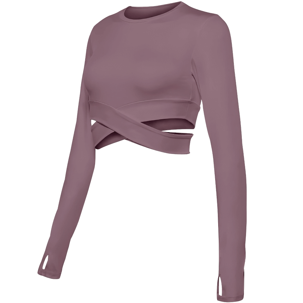 Women's long sleeve slim crop top with cross waist, ideal for yoga. Fashionable batik print and breathable fabric. Model SF0047.